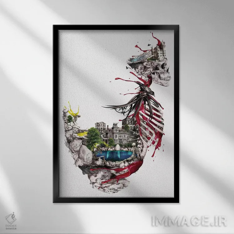 تابلو دکوراتیو جزیره جمجمه اثر ریزا پکر - نمای قابدار مشکی