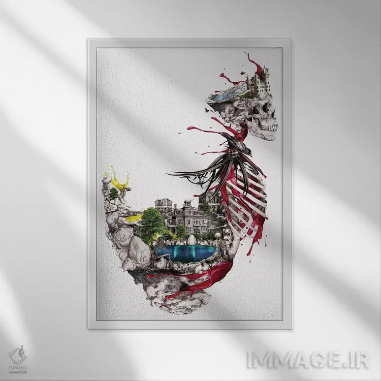 تابلو دکوراتیو جزیره جمجمه اثر ریزا پکر - نمای قابدار سفید