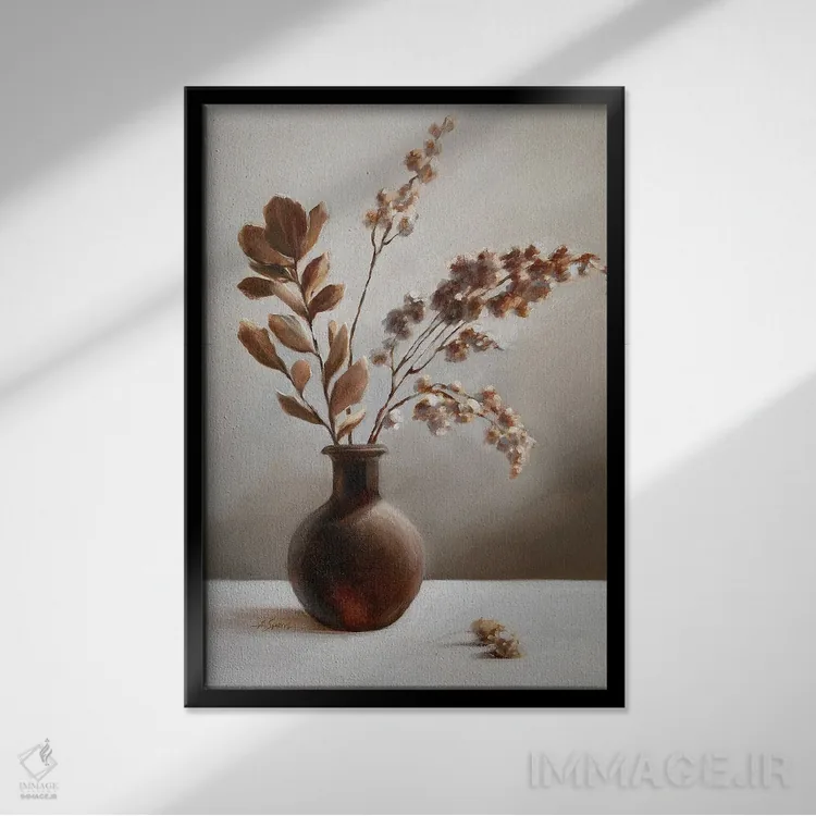 تابلو دکوراتیو گیاه خشک شده در گلدان قهوه ای اثر آنا اسپیرز - نمای قابدار مشکی