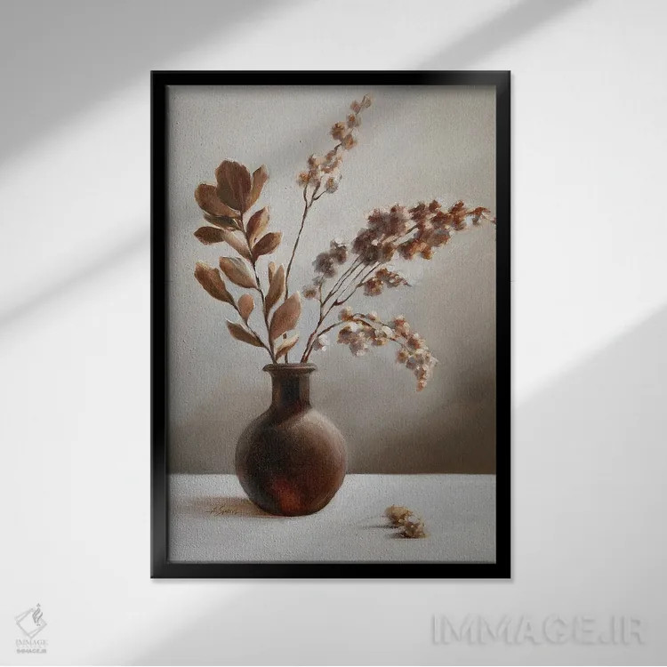 تابلو دکوراتیو گیاه خشک شده در گلدان قهوه ای اثر آنا اسپیرز - نمای قابدار مشکی