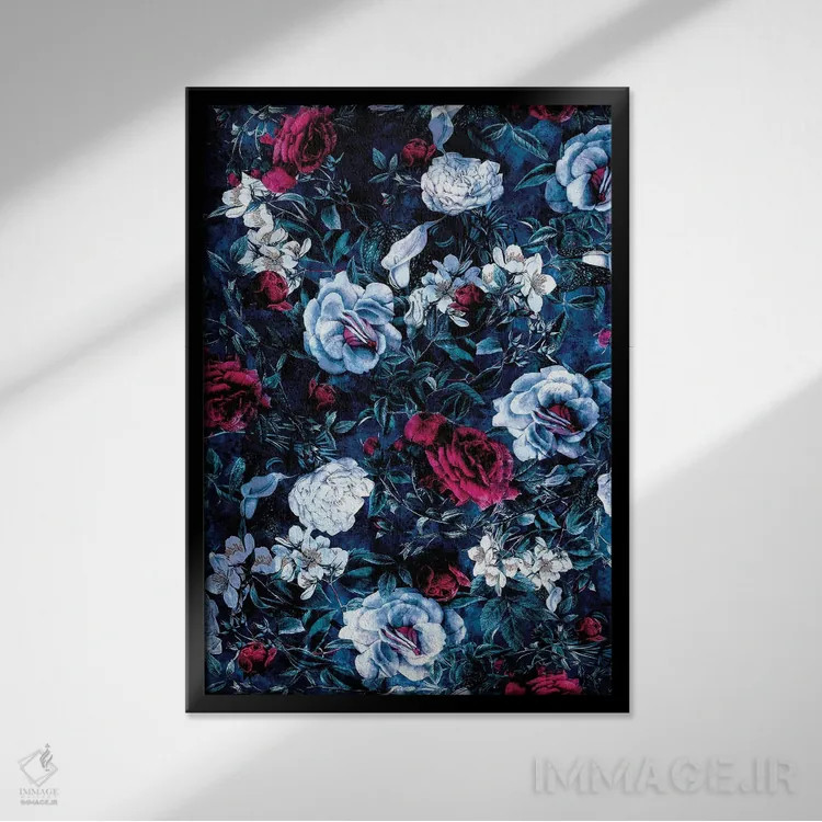 تابلو دکوراتیو باغ شب آبی اثر ریزا پکر - نمای قابدار مشکی