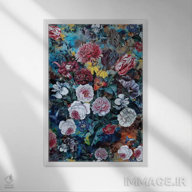 تابلو دکوراتیو طبیعت بی جان گل ها اثر ریزا پکر - نمای قابدار سفید