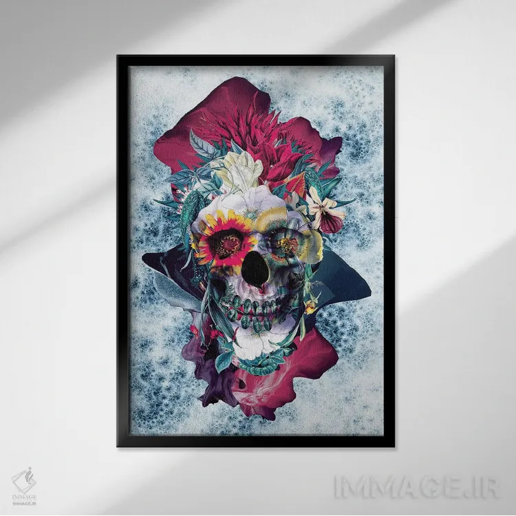 تابلو دکوراتیو جمجمه گلدار آبی اثر ریزا پکر - نمای قابدار مشکی