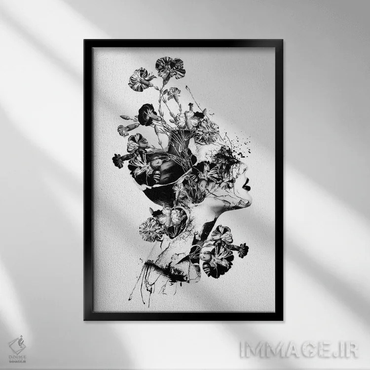 تابلو دکوراتیو شکسته سیاه و سفید اثر ریزا پکر - نمای قابدار مشکی