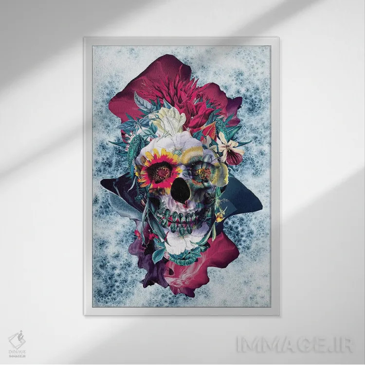 تابلو دکوراتیو جمجمه گلدار آبی اثر ریزا پکر - نمای قابدار سفید