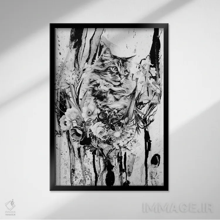 تابلو دکوراتیو گربه در گل ها اثر ریزا پکر - نمای قابدار مشکی