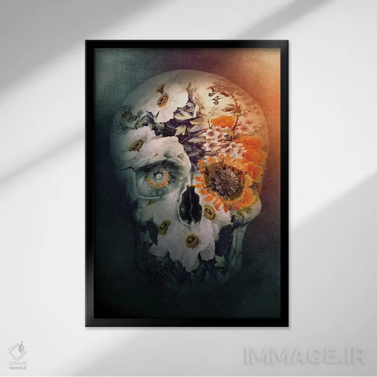 تابلو دکوراتیو طبیعت بی جان جمجمه اثر ریزا پکر - نمای قابدار مشکی