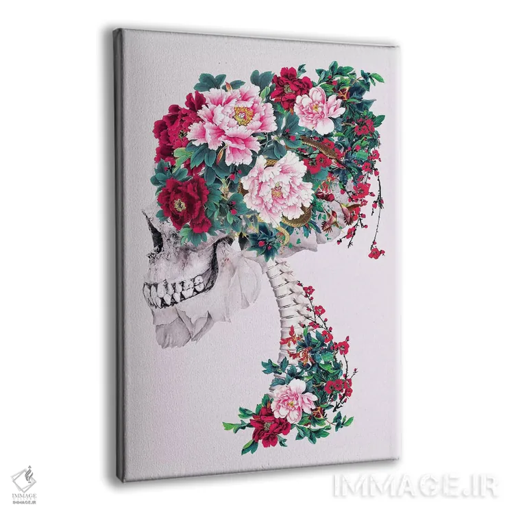 تابلو دکوراتیو جمجمه با گل های صدتومانی اثر ریزا پکر - نمای پرسپکتیو محصول