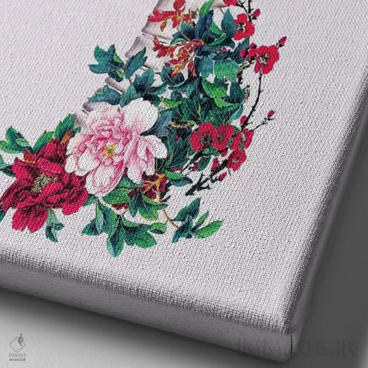 تابلو دکوراتیو جمجمه با گل های صدتومانی اثر ریزا پکر - نمای نزدیک بافت بوم