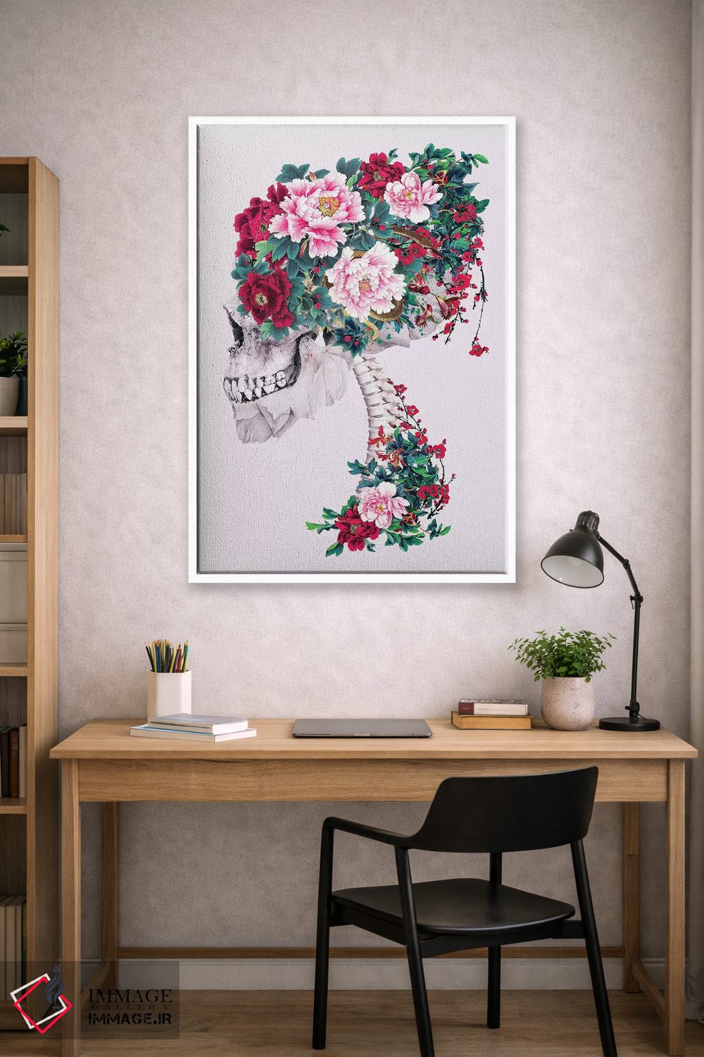 تابلو دکوراتیو جمجمه با گل های صدتومانی اثر ریزا پکر - D1W