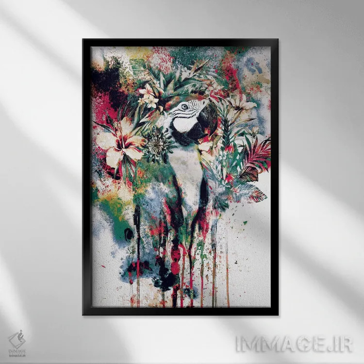 تابلو دکوراتیو طوطی اثر ریزا پکر - نمای قابدار مشکی