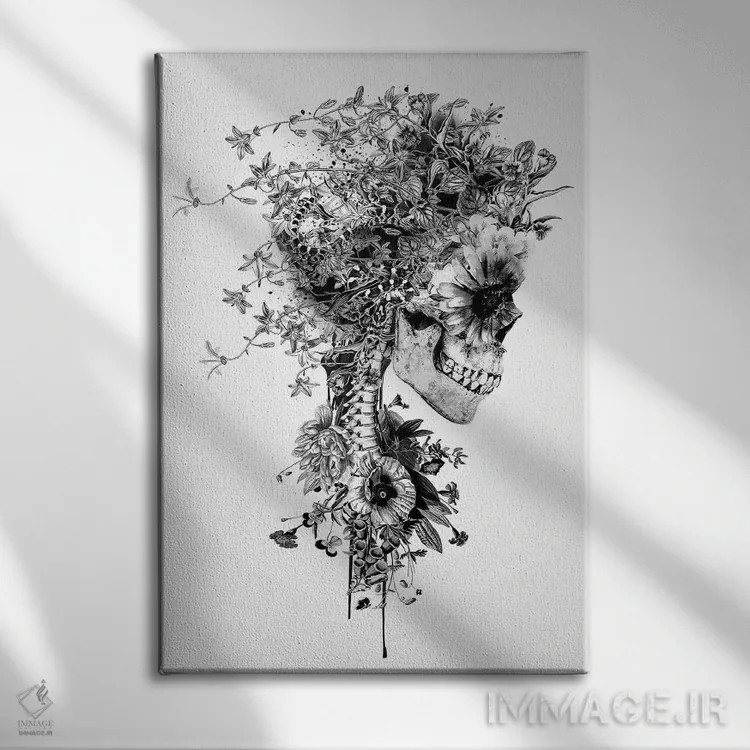 تابلو دکوراتیو جمجمه سیاه و سفید اثر ریزا پکر - نمای روبهرو روی دیوار