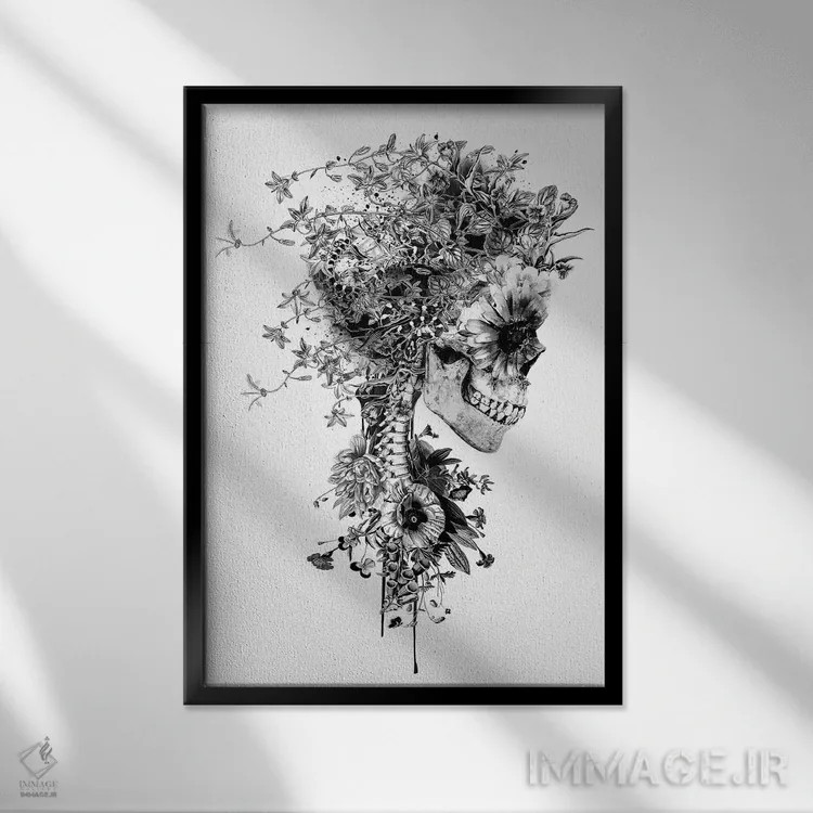 تابلو دکوراتیو جمجمه سیاه و سفید اثر ریزا پکر - نمای قابدار مشکی