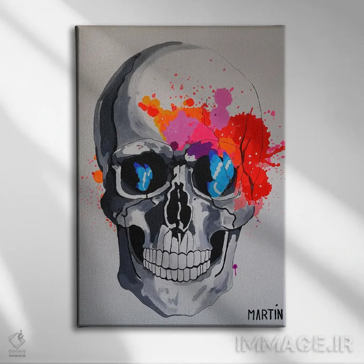 تابلو دکوراتیو جمجمه و پروانه ها اثر پیتر مارتین - نمای روبهرو روی دیوار