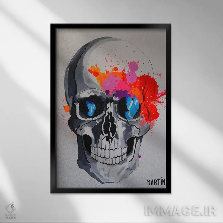 تابلو دکوراتیو جمجمه و پروانه ها اثر پیتر مارتین - نمای قابدار مشکی