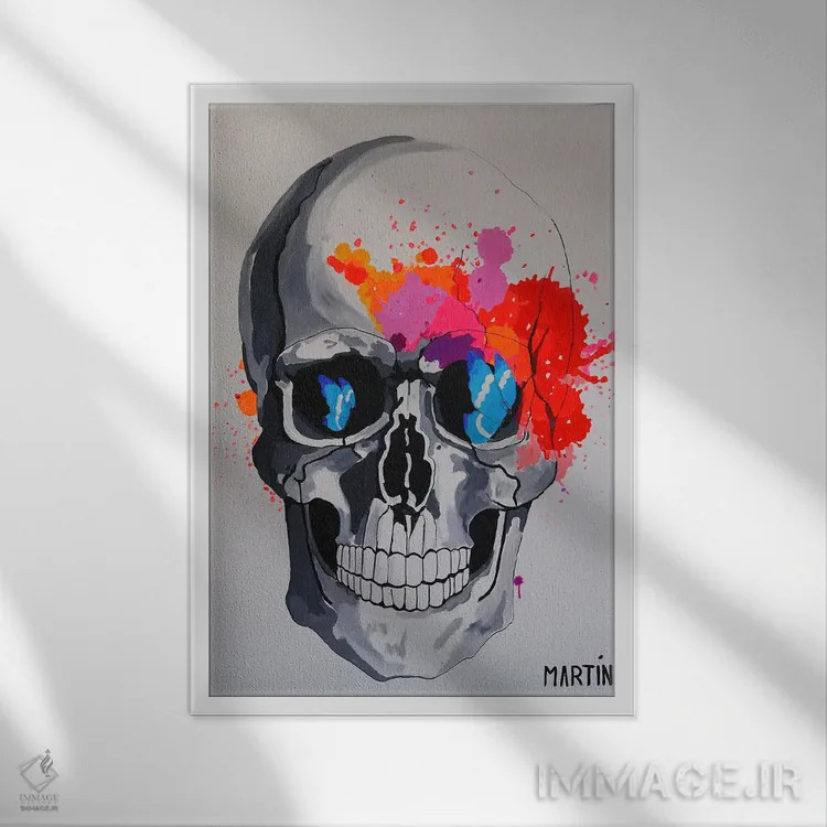 تابلو دکوراتیو جمجمه و پروانه ها اثر پیتر مارتین - نمای قابدار سفید