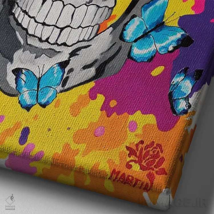 تابلو دکوراتیو پاپ آرت جمجمه و پروانه ها اثر پیتر مارتین - نمای نزدیک بافت بوم