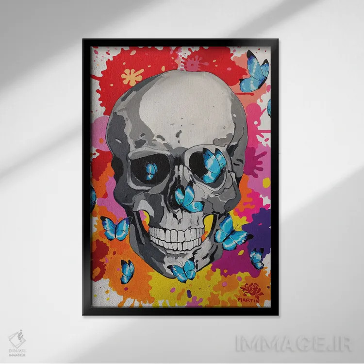 تابلو دکوراتیو پاپ آرت جمجمه و پروانه ها اثر پیتر مارتین - نمای قابدار مشکی