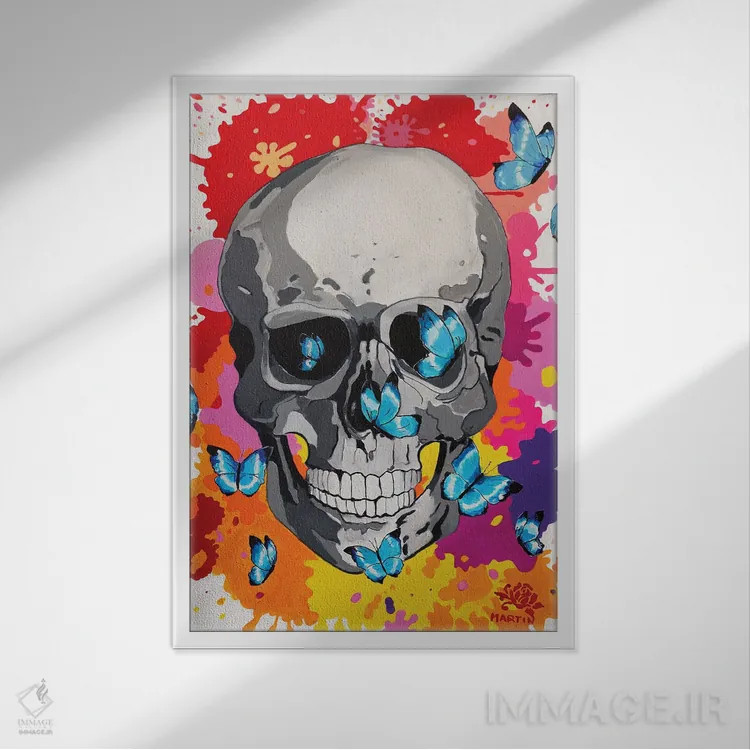 تابلو دکوراتیو پاپ آرت جمجمه و پروانه ها اثر پیتر مارتین - نمای قابدار سفید