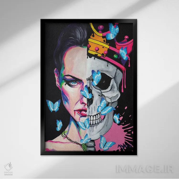 تابلو دکوراتیو عشق جمجمه و پروانه اثر پیتر مارتین - نمای قابدار مشکی