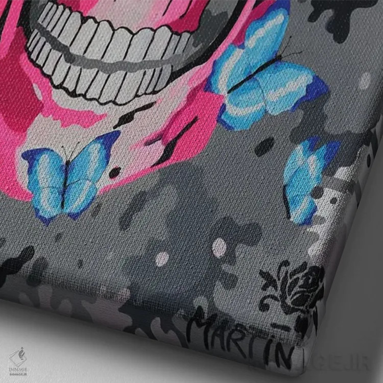 تابلو دکوراتیو جمجمه صورتی و پروانه ها اثر پیتر مارتین - نمای نزدیک بافت بوم