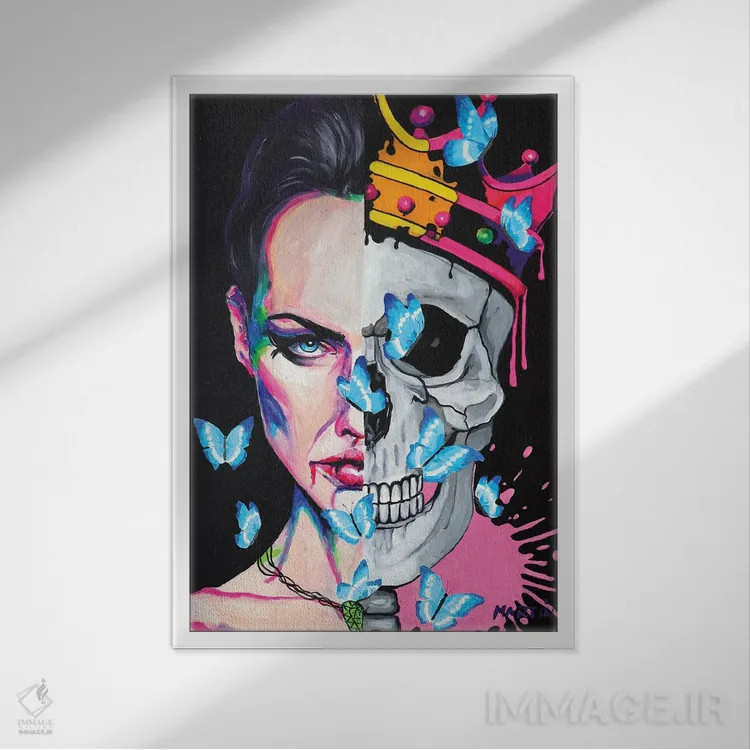 تابلو دکوراتیو عشق جمجمه و پروانه اثر پیتر مارتین - نمای قابدار سفید