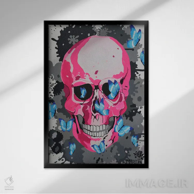 تابلو دکوراتیو جمجمه صورتی و پروانه ها اثر پیتر مارتین - نمای قابدار مشکی