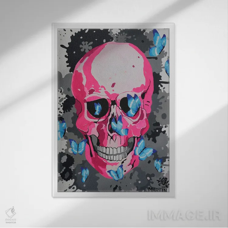 تابلو دکوراتیو جمجمه صورتی و پروانه ها اثر پیتر مارتین - نمای قابدار سفید
