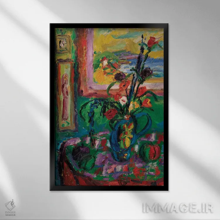 تابلو دکوراتیو گلدان تزیین شده اثر پریس کربونل - نمای قابدار مشکی