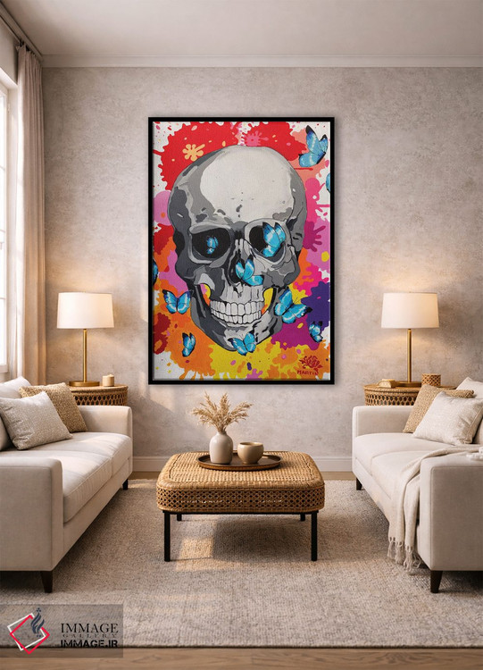 تابلو دکوراتیو پاپ آرت جمجمه و پروانه ها اثر پیتر مارتین - D1B