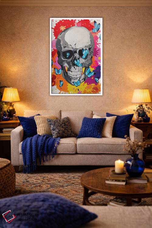 تابلو دکوراتیو پاپ آرت جمجمه و پروانه ها اثر پیتر مارتین - D3W