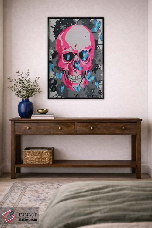 تابلو دکوراتیو جمجمه صورتی و پروانه ها اثر پیتر مارتین - D3B