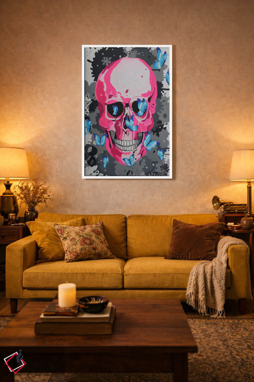 تابلو دکوراتیو جمجمه صورتی و پروانه ها اثر پیتر مارتین - D2W