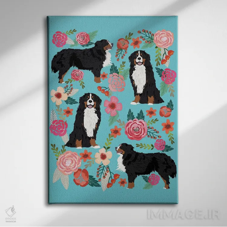 تابلو دکوراتیو کولاژ گل های سگ کوهستان برنزی اثر پت فرندلی - نمای روبهرو روی دیوار