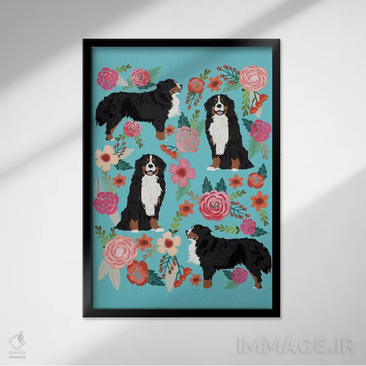 تابلو دکوراتیو کولاژ گل های سگ کوهستان برنزی اثر پت فرندلی - نمای قابدار مشکی