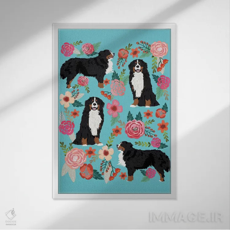 تابلو دکوراتیو کولاژ گل های سگ کوهستان برنزی اثر پت فرندلی - نمای قابدار سفید