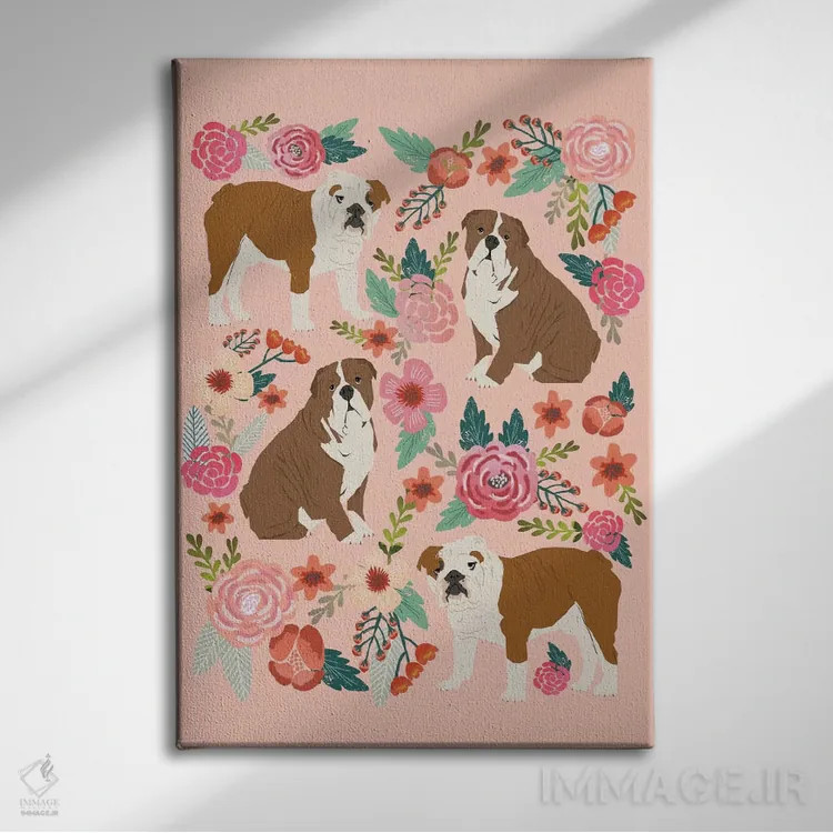 تابلو دکوراتیو کولاژ گل های بولداگ انگلیسی اثر پت فرندلی - نمای روبهرو روی دیوار
