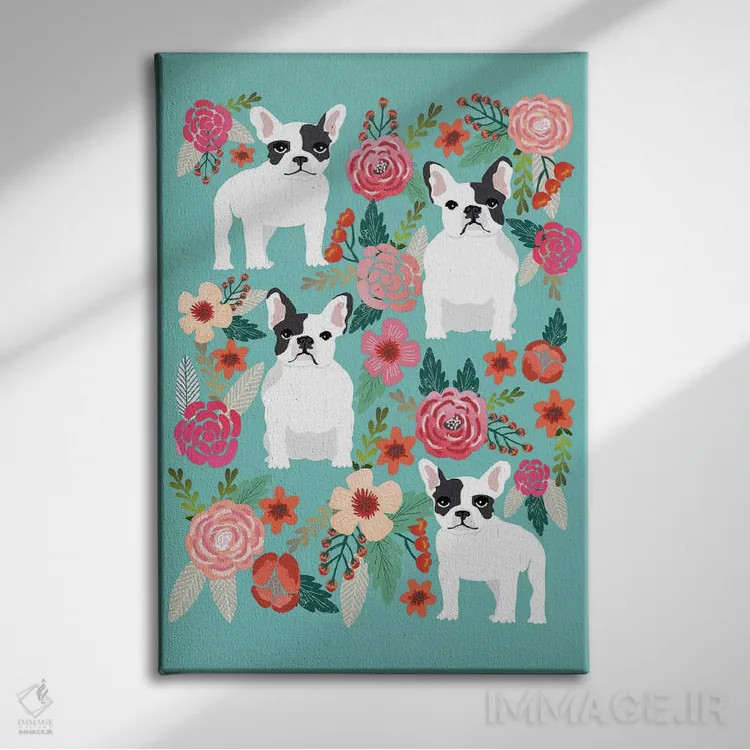 تابلو دکوراتیو کولاژ گل های بولداگ فرانسوی اثر پت فرندلی - نمای روبهرو روی دیوار