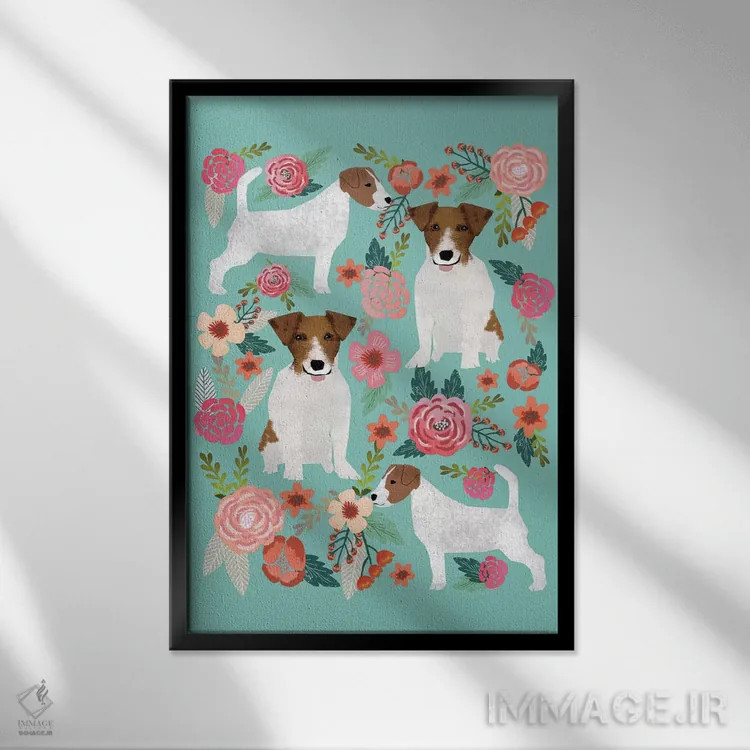 تابلو دکوراتیو کولاژ گل های ترر جک راسل اثر پت فرندلی - نمای قابدار مشکی