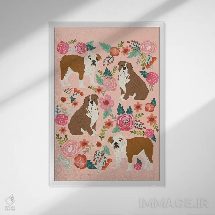 تابلو دکوراتیو کولاژ گل های بولداگ انگلیسی اثر پت فرندلی - نمای قابدار سفید