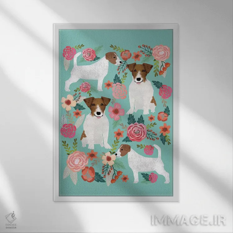تابلو دکوراتیو کولاژ گل های ترر جک راسل اثر پت فرندلی - نمای قابدار سفید