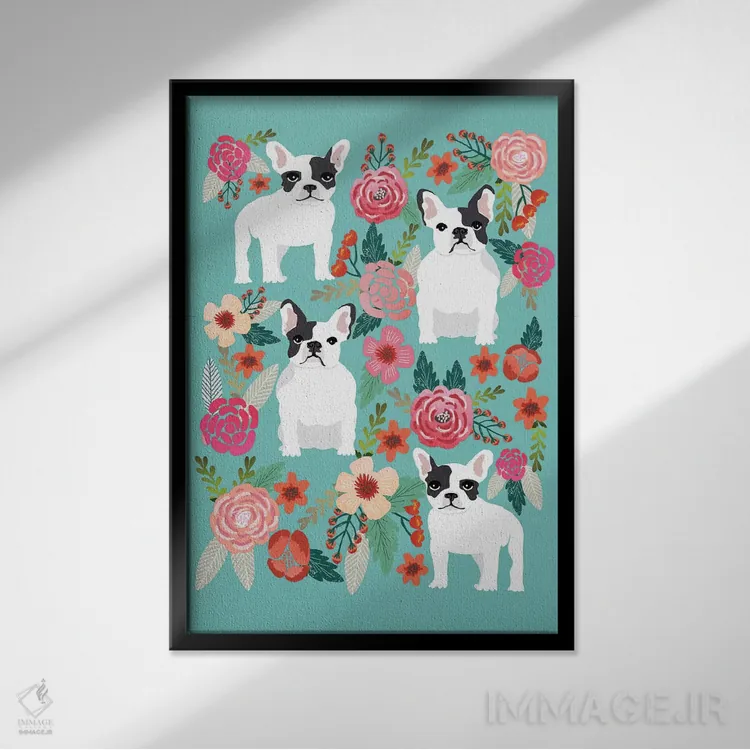 تابلو دکوراتیو کولاژ گل های بولداگ فرانسوی اثر پت فرندلی - نمای قابدار مشکی