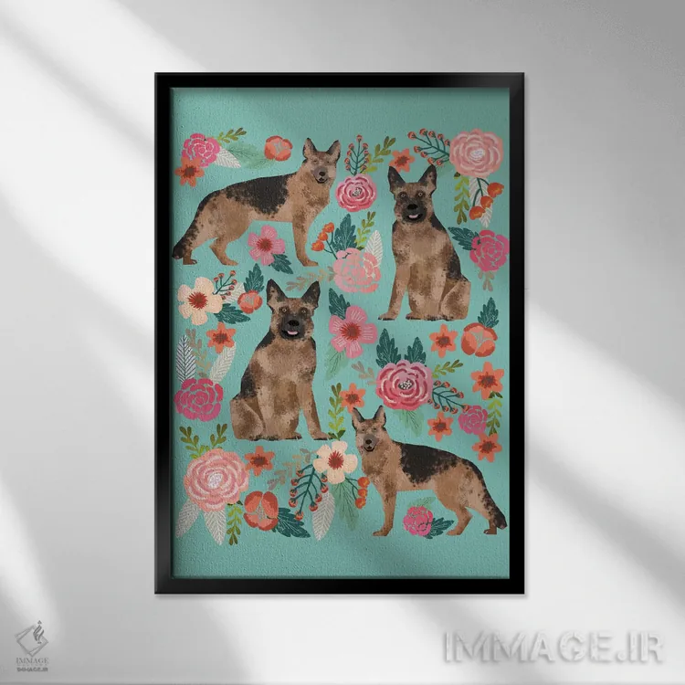 تابلو دکوراتیو کولاژ گل های گرمن شیپرد اثر پت فرندلی - نمای قابدار مشکی