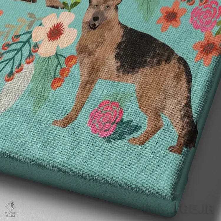 تابلو دکوراتیو کولاژ گل های گرمن شیپرد اثر پت فرندلی - نمای نزدیک بافت بوم