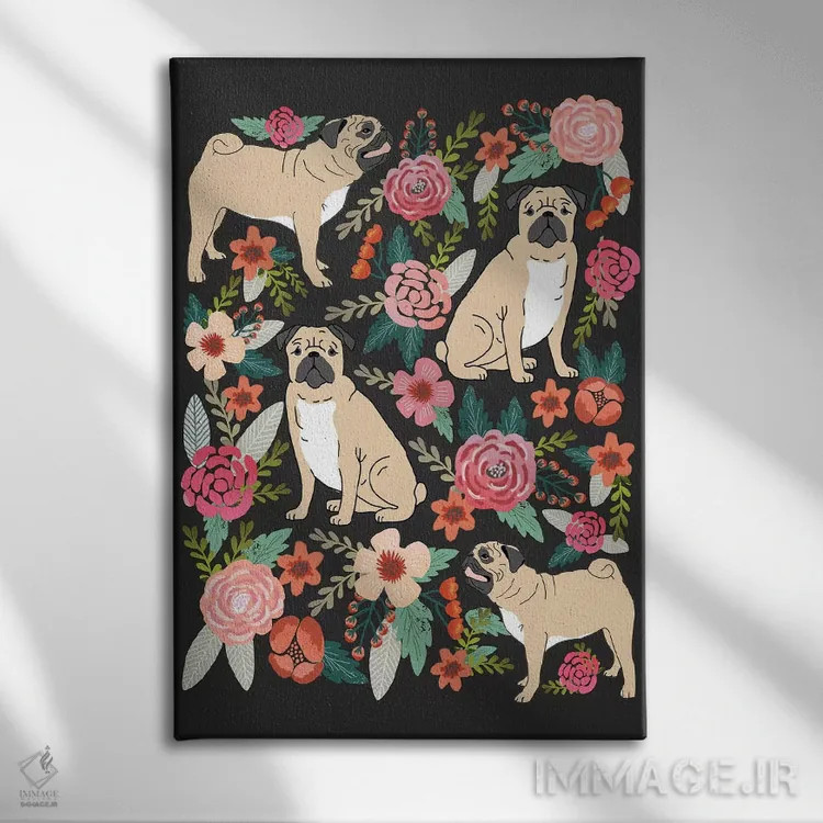 تابلو دکوراتیو کولاژ گل های پاگ اثر پت فرندلی - نمای روبهرو روی دیوار