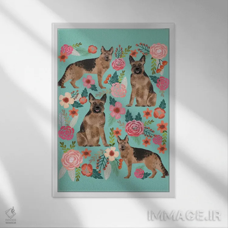 تابلو دکوراتیو کولاژ گل های گرمن شیپرد اثر پت فرندلی - نمای قابدار سفید