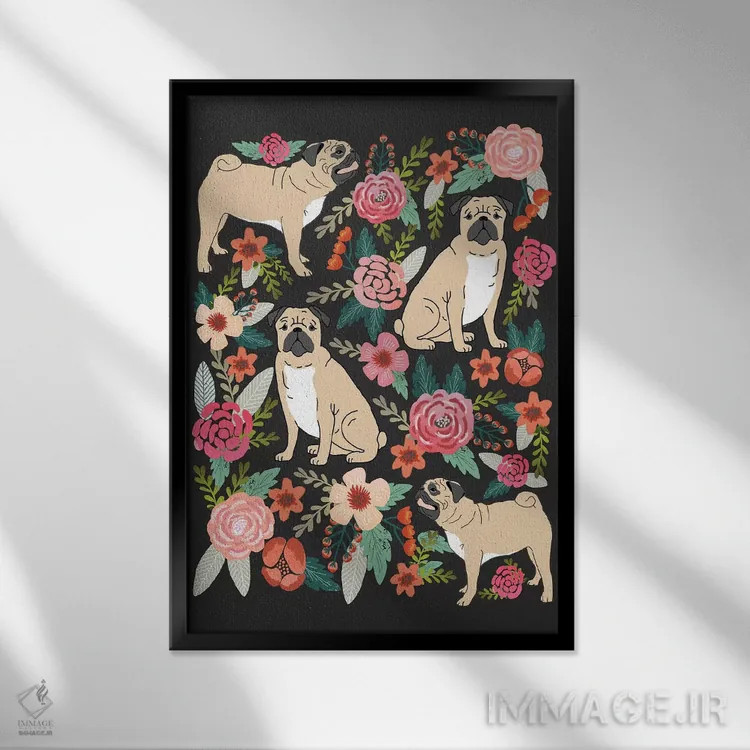 تابلو دکوراتیو کولاژ گل های پاگ اثر پت فرندلی - نمای قابدار مشکی