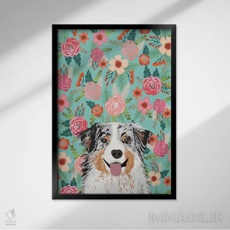 تابلو دکوراتیو کولاژ گل های مرشد استرالیایی آبی مرل اثر پت فرندلی - نمای قابدار مشکی