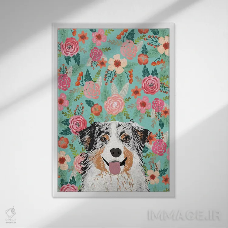 تابلو دکوراتیو کولاژ گل های مرشد استرالیایی آبی مرل اثر پت فرندلی - نمای قابدار سفید