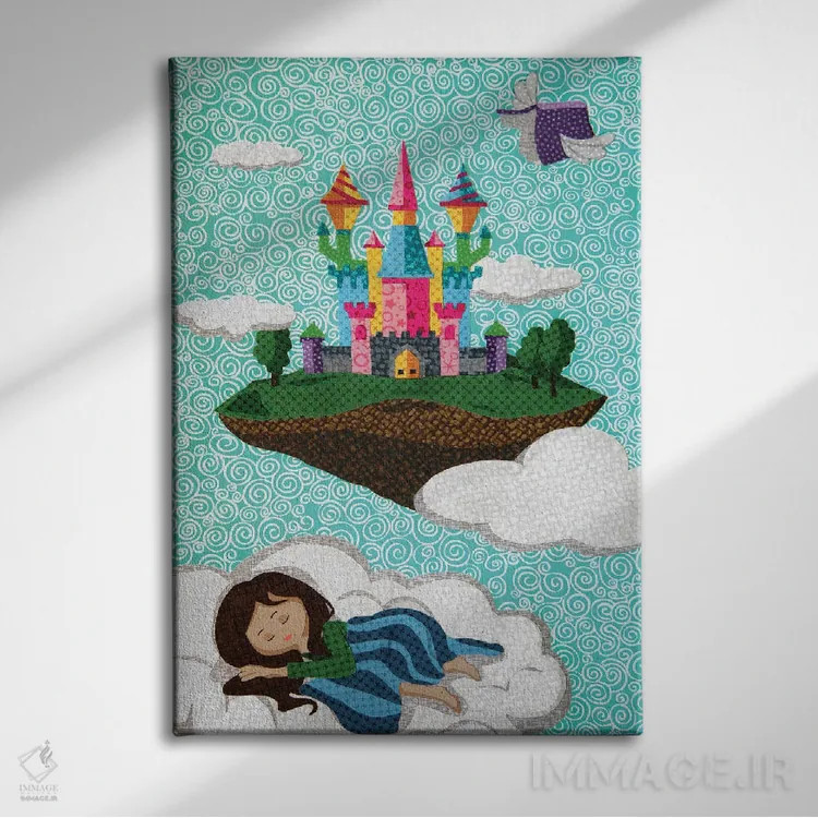 تابلو دکوراتیو قلعه روی ابر اثر پوسترهای پارچه ای پاپ اثر علی شیر - نمای روبهرو روی دیوار